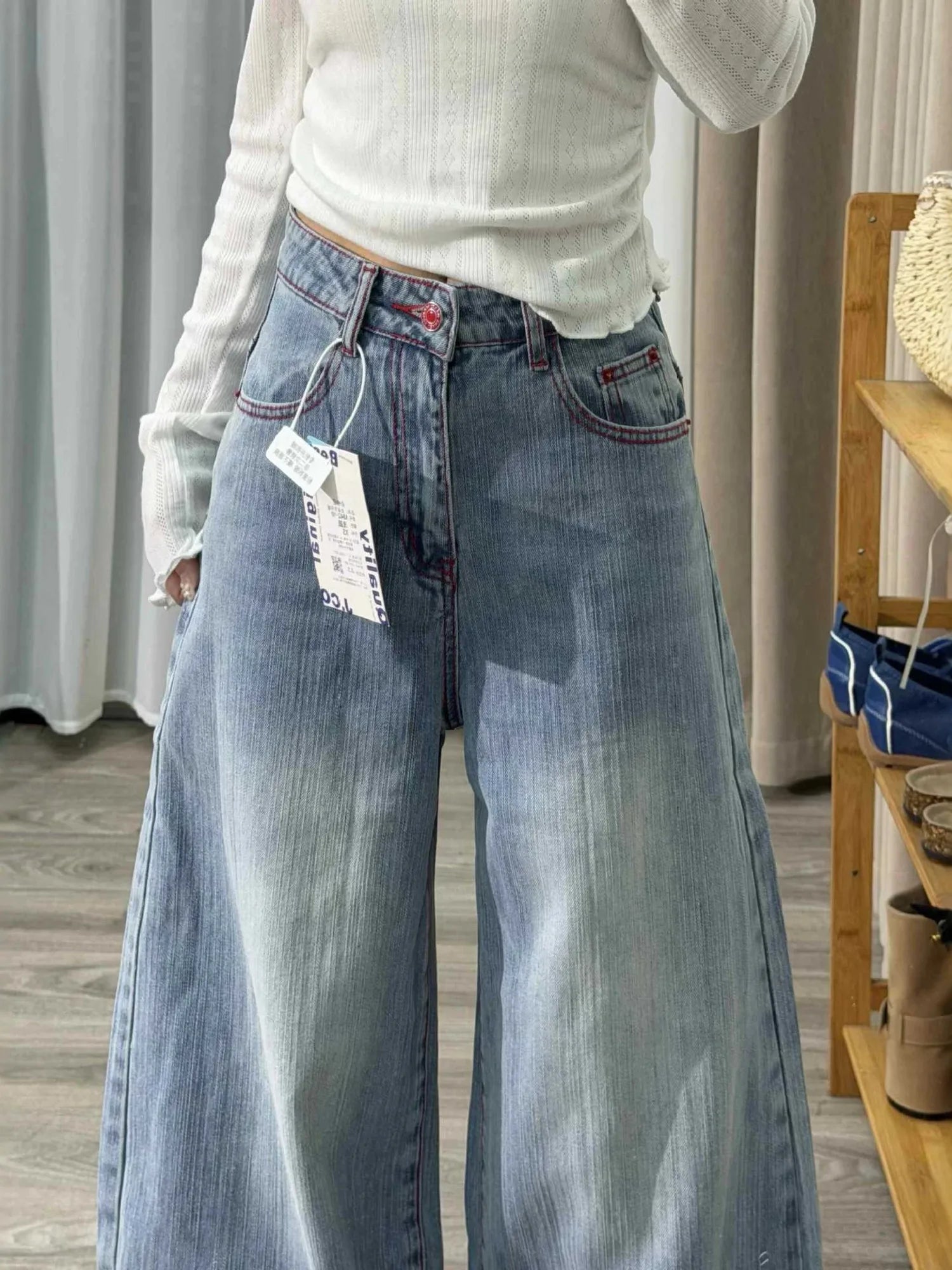 Women's Baggy Jeans Y2K Wide Leg Denim Pants Vintage Washed High Waisted Loose Trousers Red Stitching Streetwear 90s Aesthetic