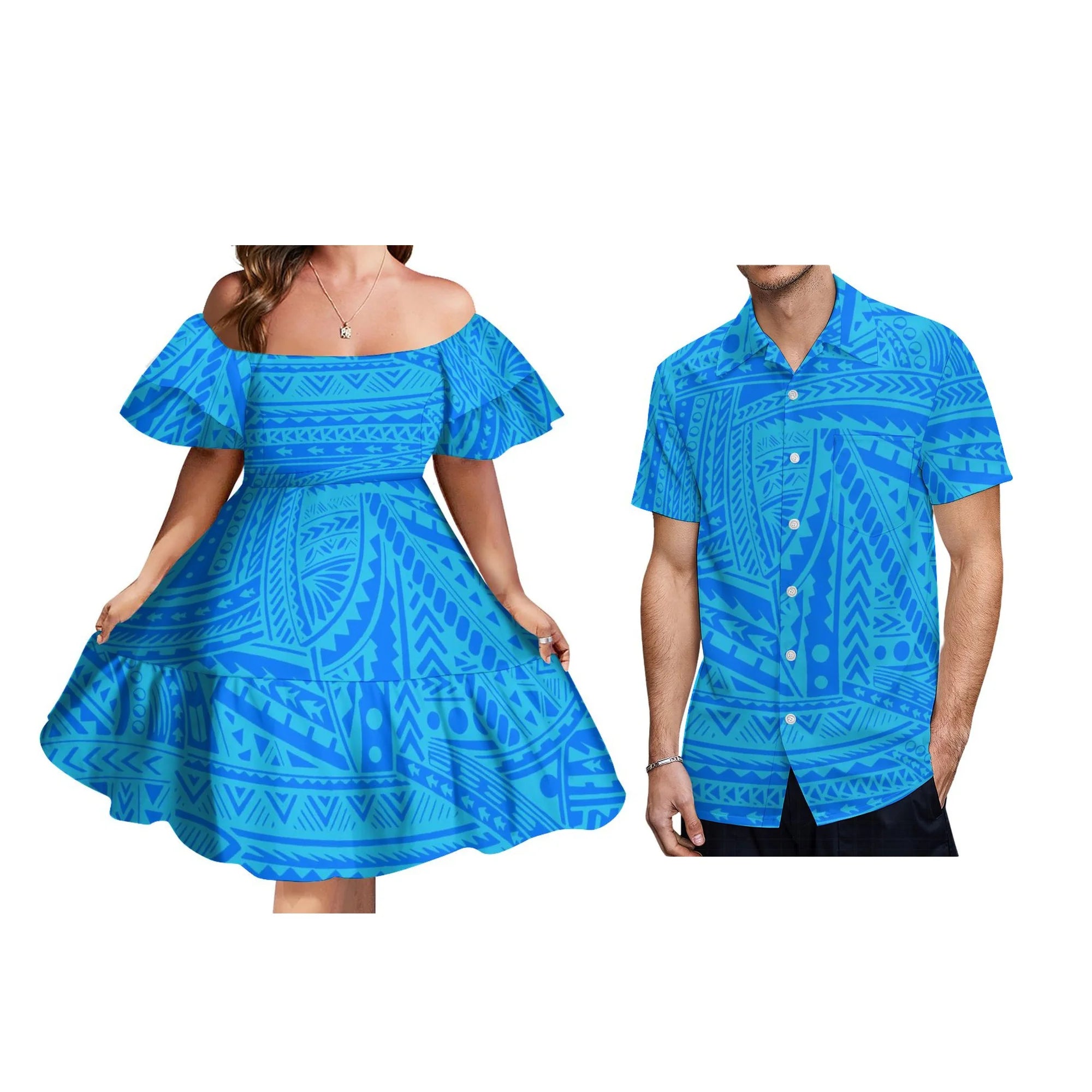 Tattoo Designs Customized On Demand Feature Ruffle Sleeve Dress Polynesian Traditional Tribe Short Dress For Evening 1 MOQ