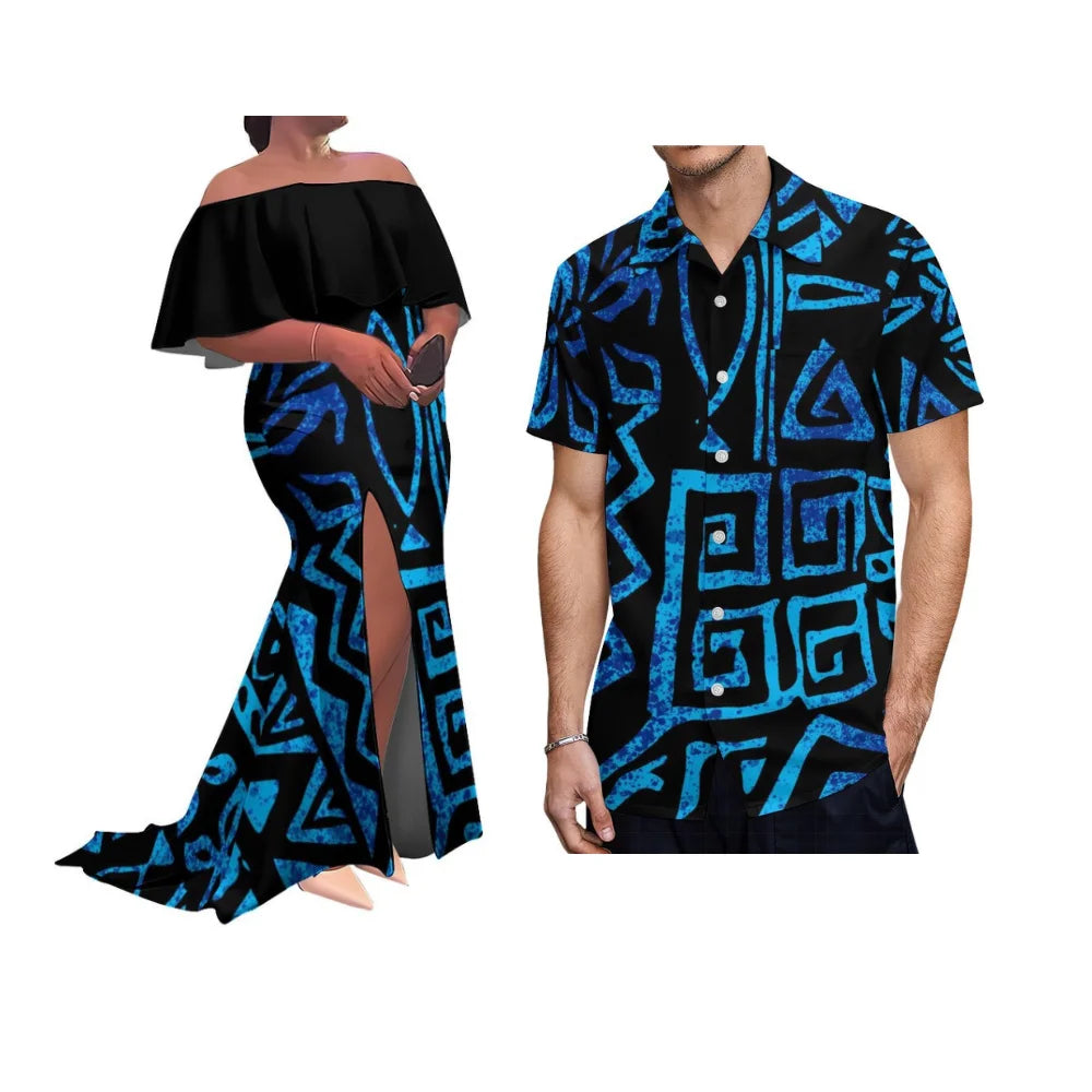 Customized Patterned Soft Fabric Tribal Ethnic Couple'S Outfit Polynesian Women'S Ruffled Collar Floor-Length Dress With Slit