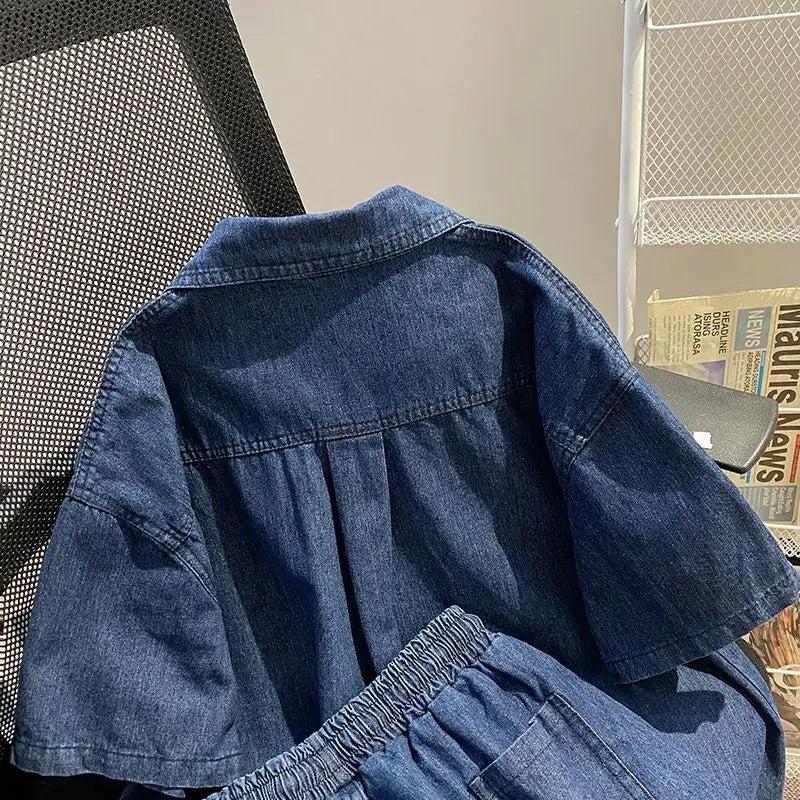 Denim Pant Set Women Two Piece Sets Turn Down Collar Shirt Tops Short Pants Lace Up Elastic Waist Y2k Streetwear Elegant Casual