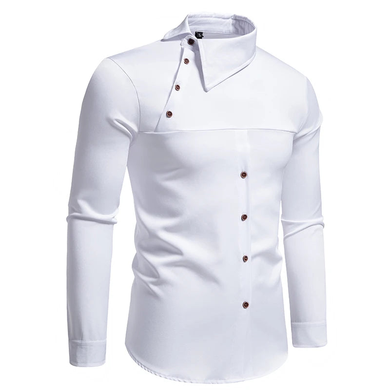Fashion Man Stand Collar Shirt  Personality Oblique Button Irregular Long Sleeve Business Festival Hombre Mens Dress Shirts