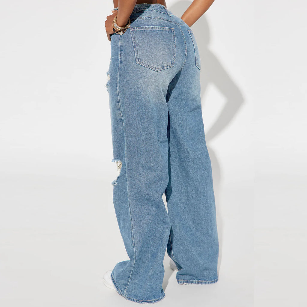 The New Fashion High-waisted Wide-leg Jeans for Autumn and Winter.Personality Washed Holes Loose Casual Floor-length Jeans Women
