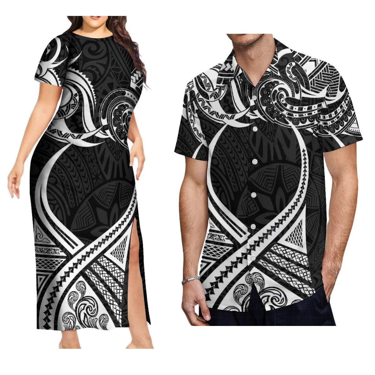 Support Custom Samoan National Dress Women'S Crew-Neck Maxi Dress Fashion Slit Dress With Men'S Short-Sleeved Shirt 9xl