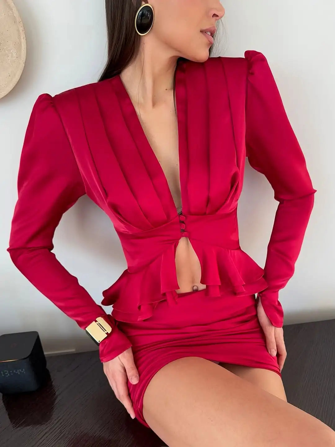 Women Fashion Satin  Bodycon Top Sexy V Neck Solid Color Pleated Long Sleeve Cultivate Oneself Coat 2026 Lady Date Dating Wear