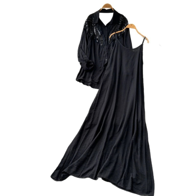 Women Two Piece Sets Dress Set Full Sleeve Shirt Casual Loose Long Dresses Sling A Line Y2k Streetwear Elegant Work Summer 2026