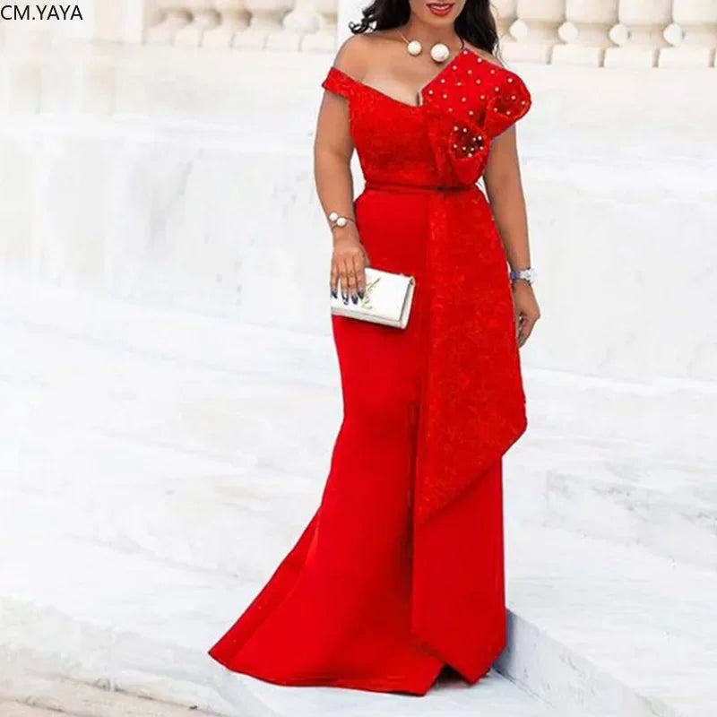 2021 Winter Women Slash Neck Short Sleeve Pearl Dress Sexy Office Lady Africa Evening Night Club Party Long Maxi Dresses GL05143