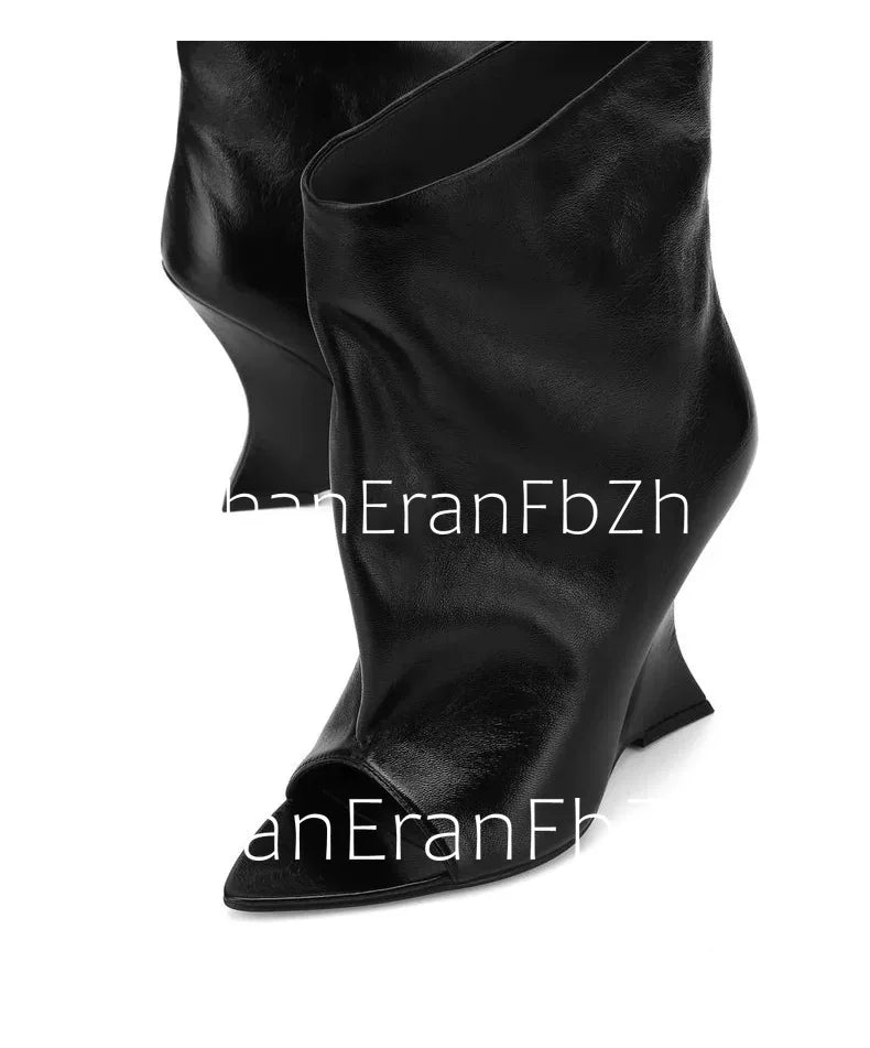 SoleLadies' Spring/Summer New Fish Mouth Slope High Heel Short Boots with Pointed Toe Exposed Cool Boots, Mid Top Boots