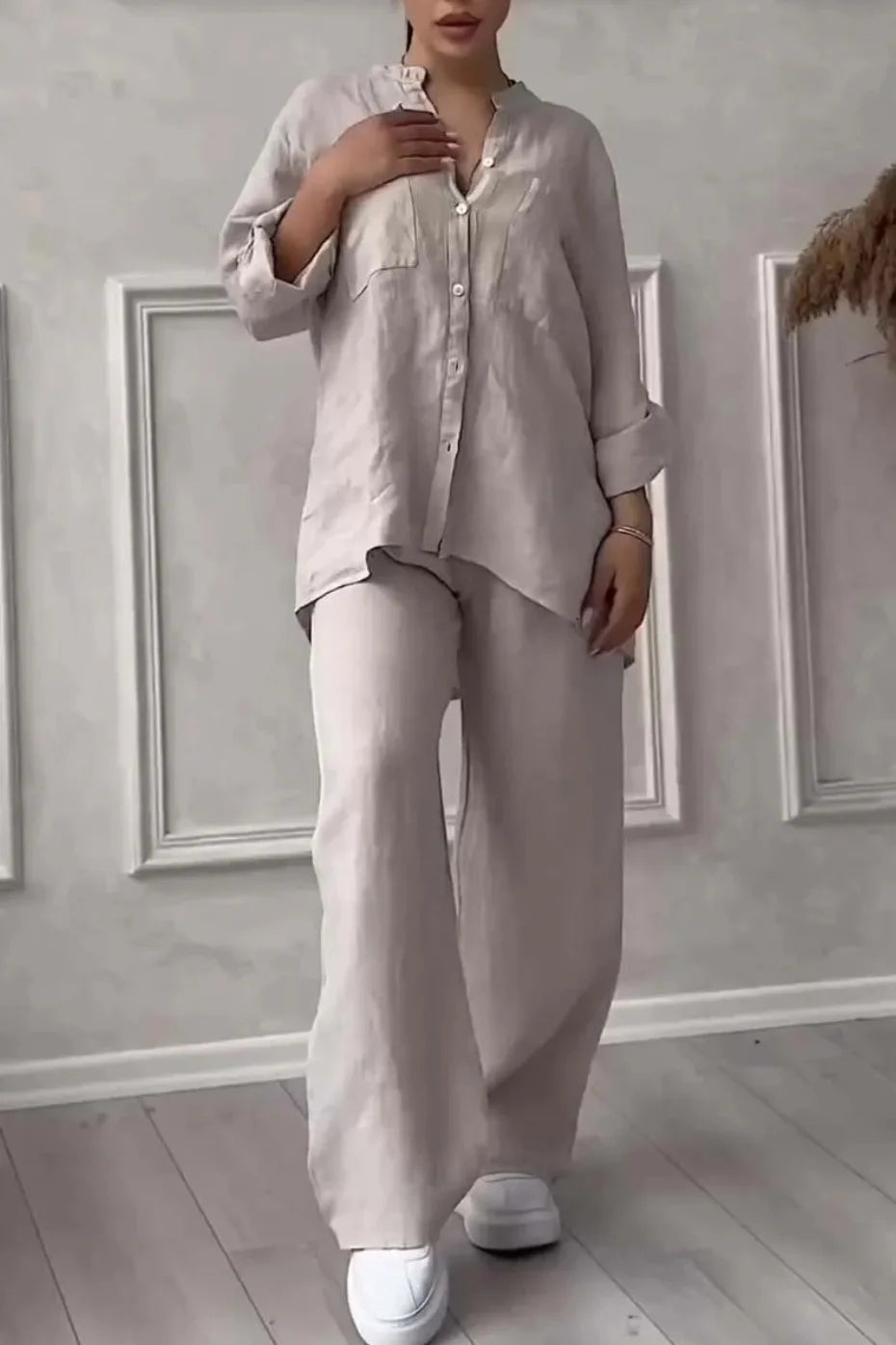 2 pieces women sets 2026 new solid color single-breasted long-sleeved shirt+wide-leg pants lace-up suits women's clothing