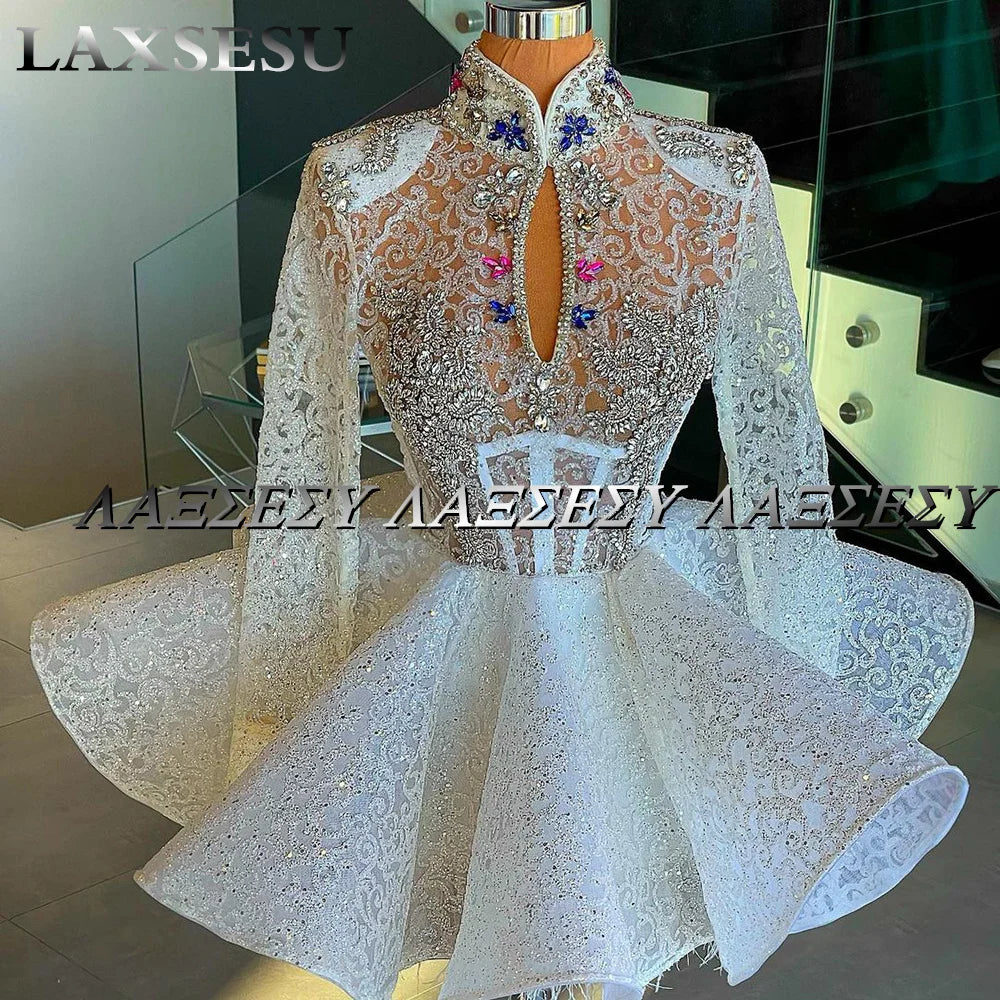 Customized Mini Party Cocktail Gowns Long Sleeves Feathers Lace Sequins Crystals Sparkly Ball Gown Luxury Short Prom Dresses