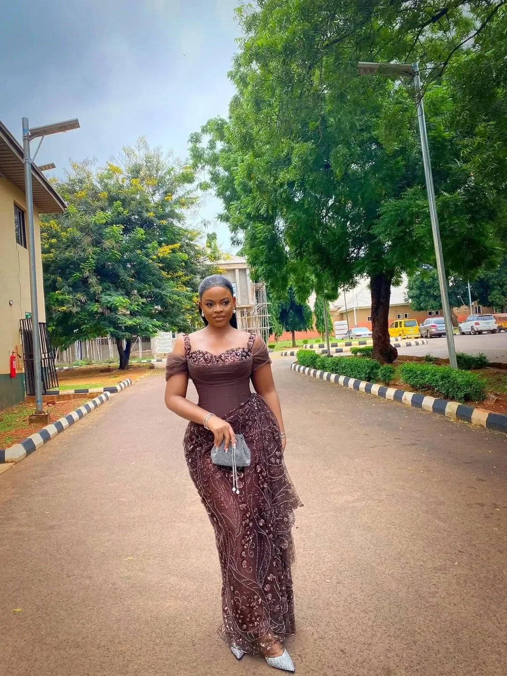 Fabulous Brown Lace Evening Dresses African Traditional Wedding Bride Dress Luxury Beads Lace Birthday Dress Asoebi Evening Gown