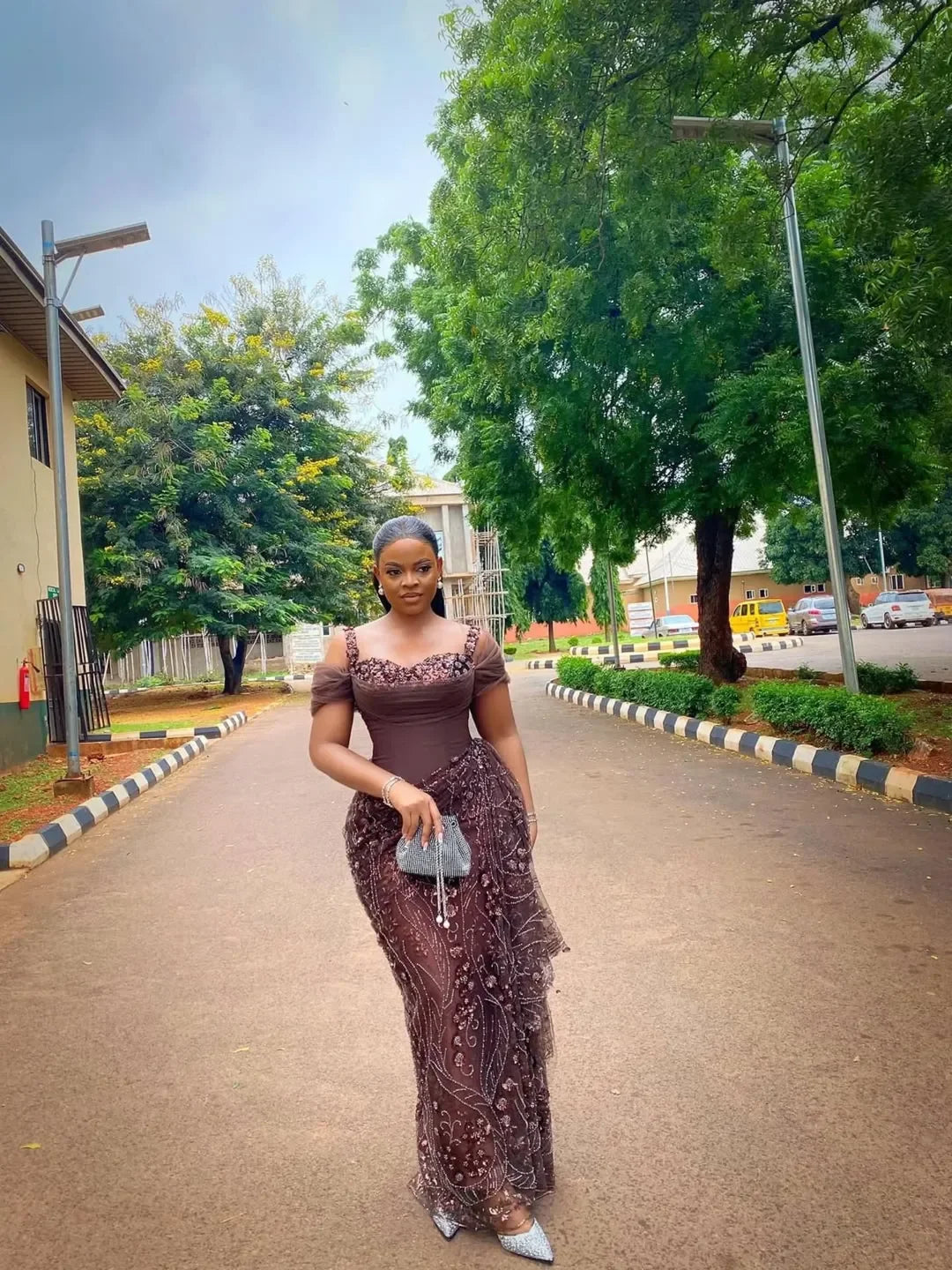 Fabulous Brown Lace Evening Dresses African Traditional Wedding Bride Dress Luxury Beads Lace Birthday Dress Asoebi Evening Gown