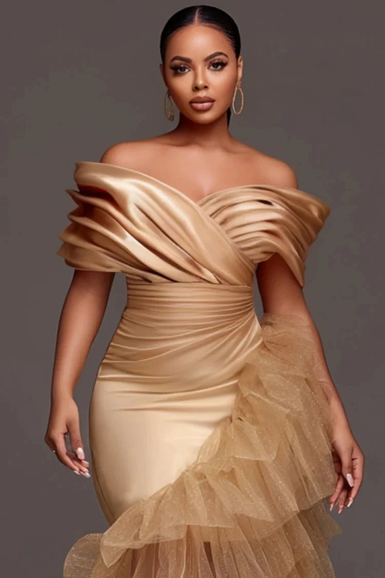 Customized Gold Prom Dresses Plus Size Off Shoulder Trumpet Ruffles Tulle Elastic Satin Pleats Formal Party Evening Gowns