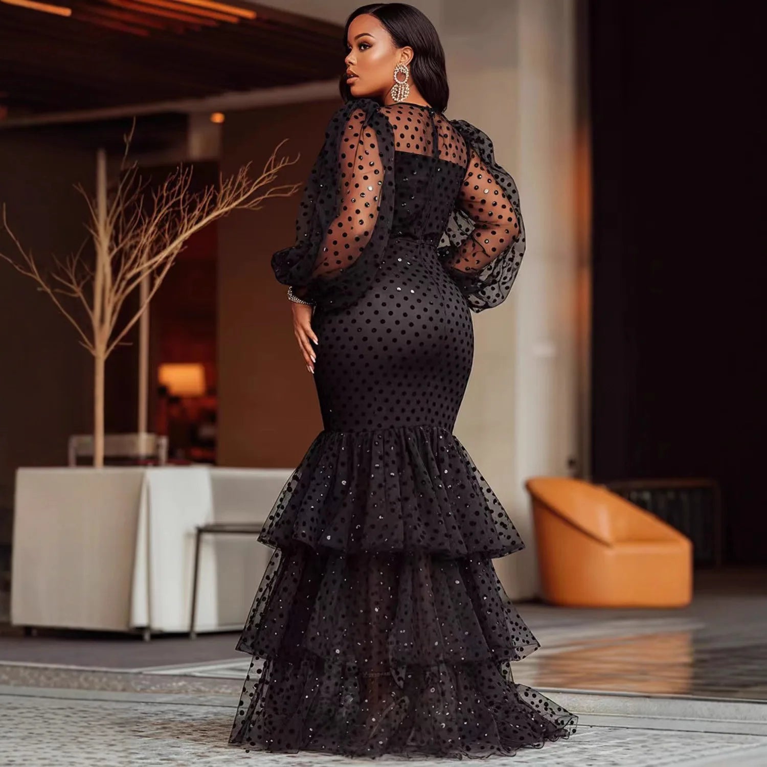 Sexy Large Size Bubble Flocking Polka Dot Dress Cross-Border Women's Fashion Autumn Winter New Arrival Elegant Commute Style