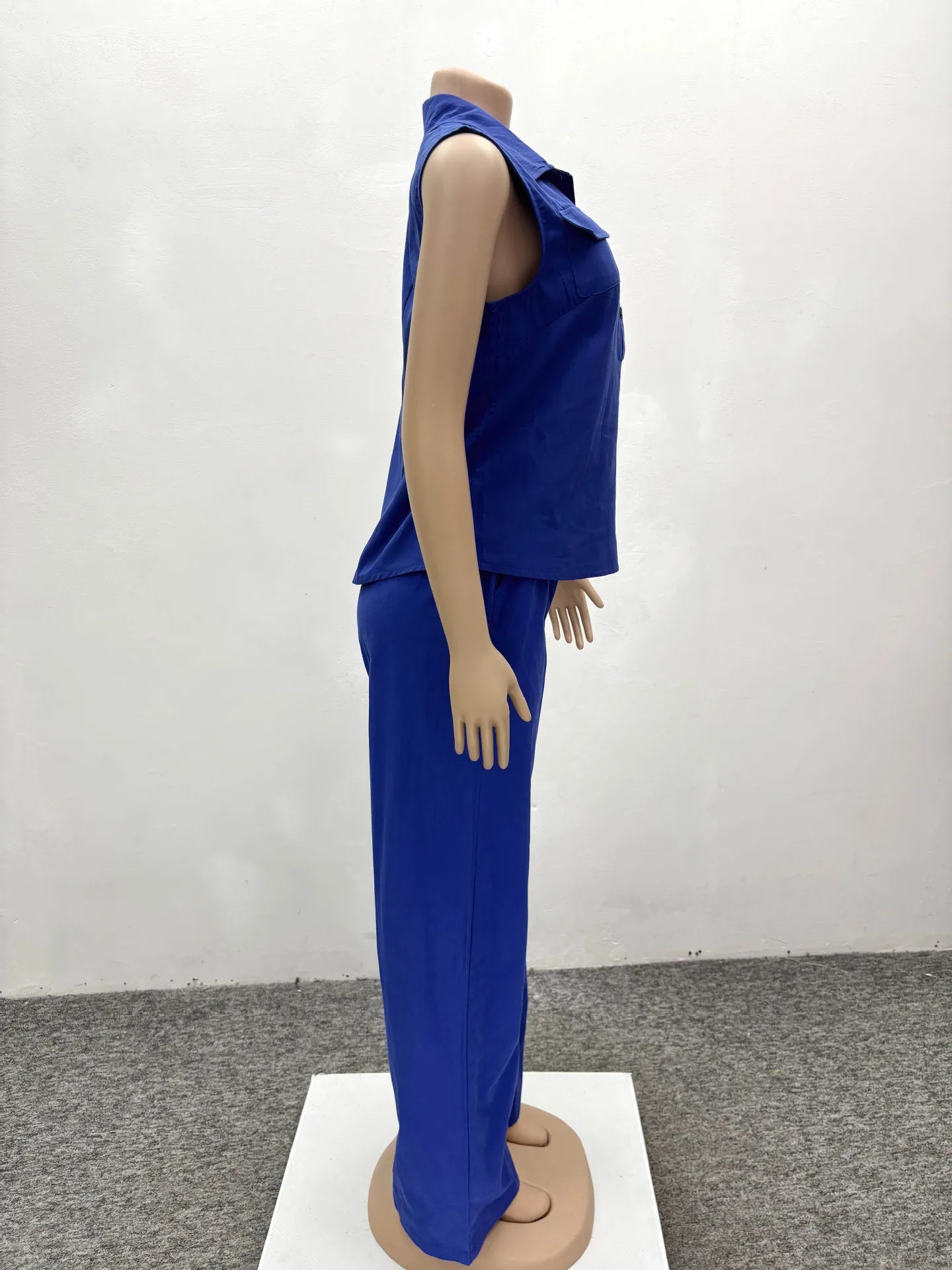 Women Pant Set Two Piece Sets Y2k Streetwear Pockets Turn Down Collar Sleeveless Shirt Wide Leg Pants Elastic Waist Work Spring