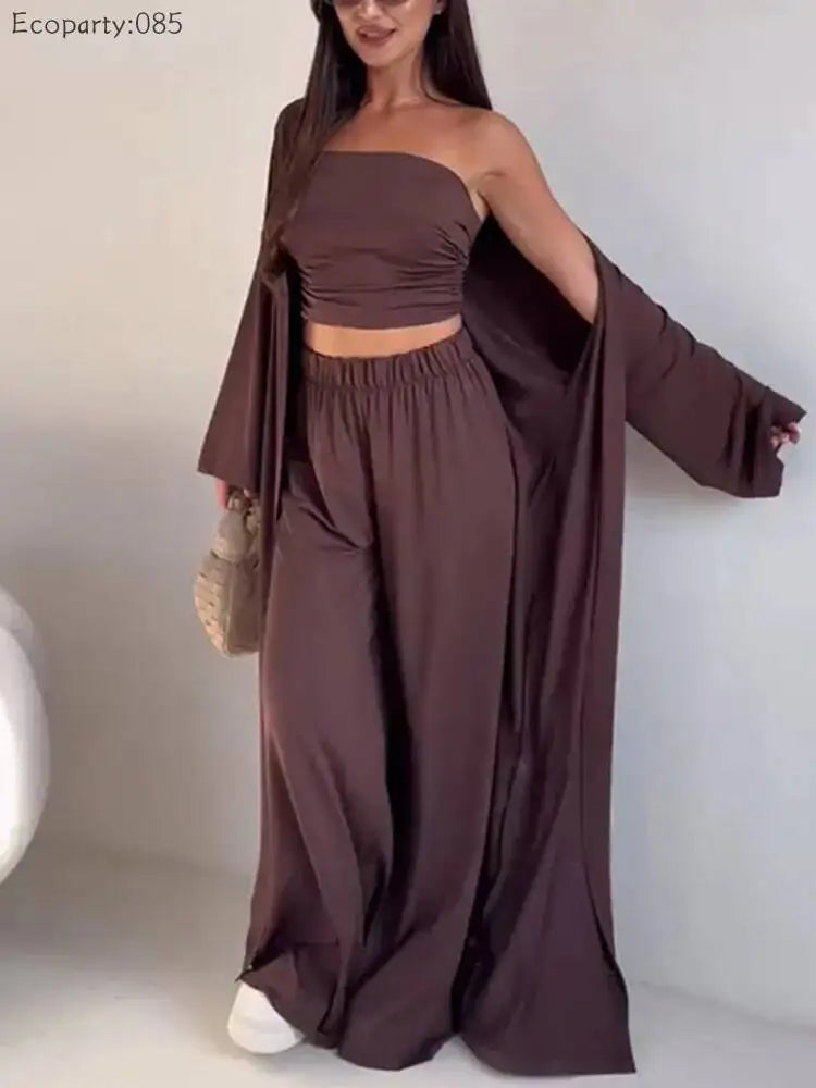 Summer Women's Clothing Casual 3Pcs Strapless Vest Long Cardigan Wide-Leg Pants Suit Lady Elegant Office Wear Outfits for Female