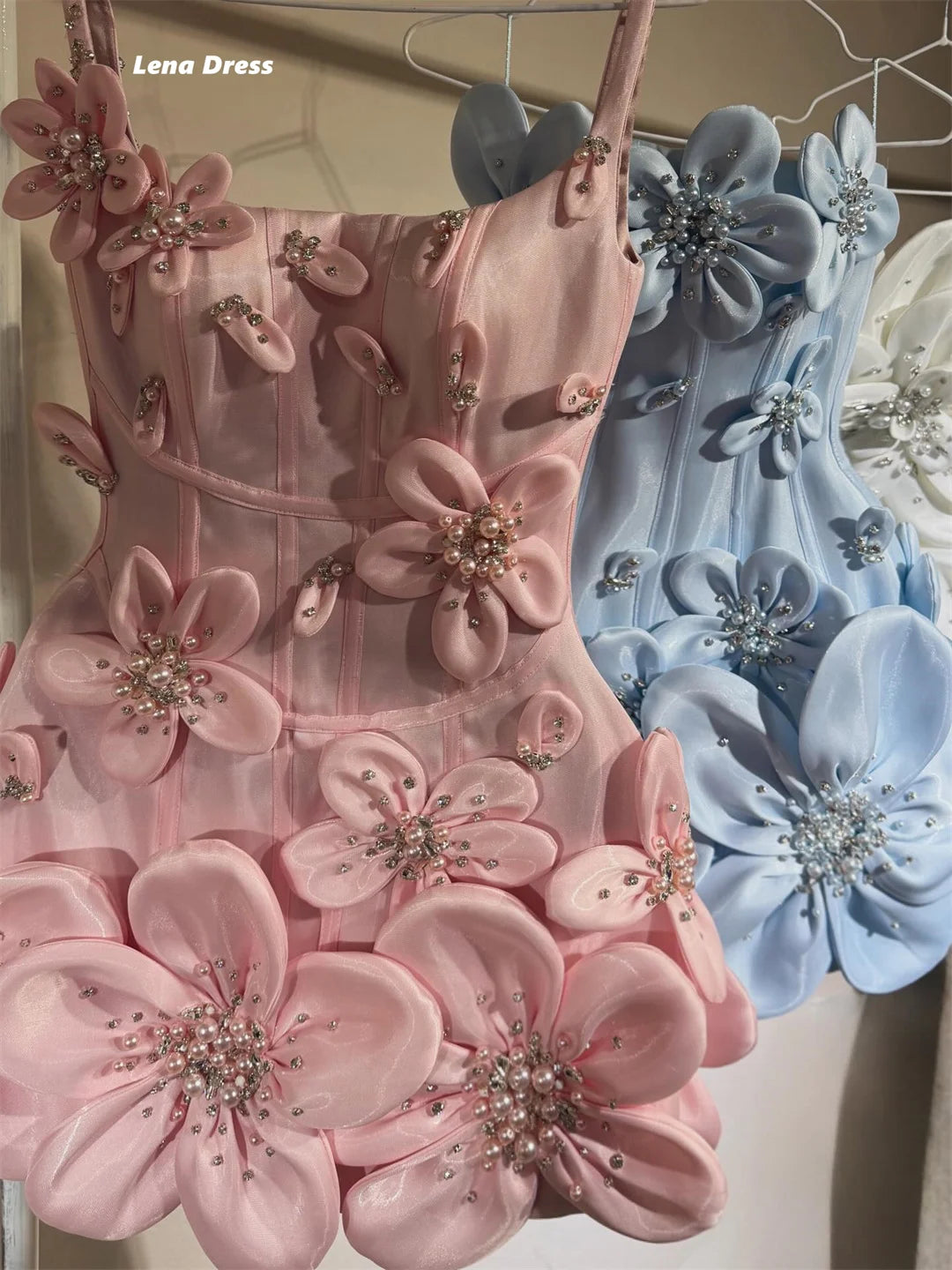 Lena Short Skirt Evening Dresses Wedding Spaghetti Straps Elegant Party Dresses for Women Luxury 3D Flowers Elegant Woman Dress