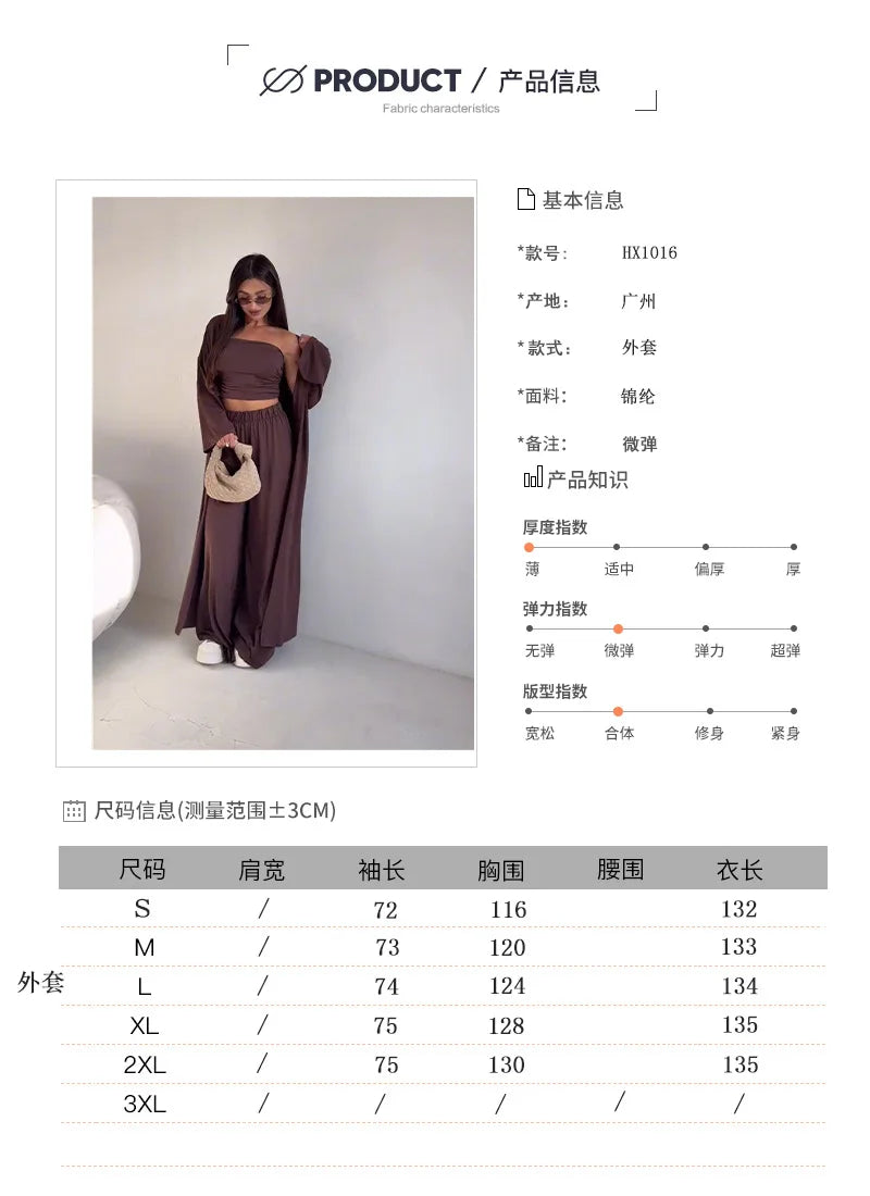Summer Women's Clothing Casual 3Pcs Strapless Vest Long Cardigan Wide-Leg Pants Suit Lady Elegant Office Wear Outfits for Female