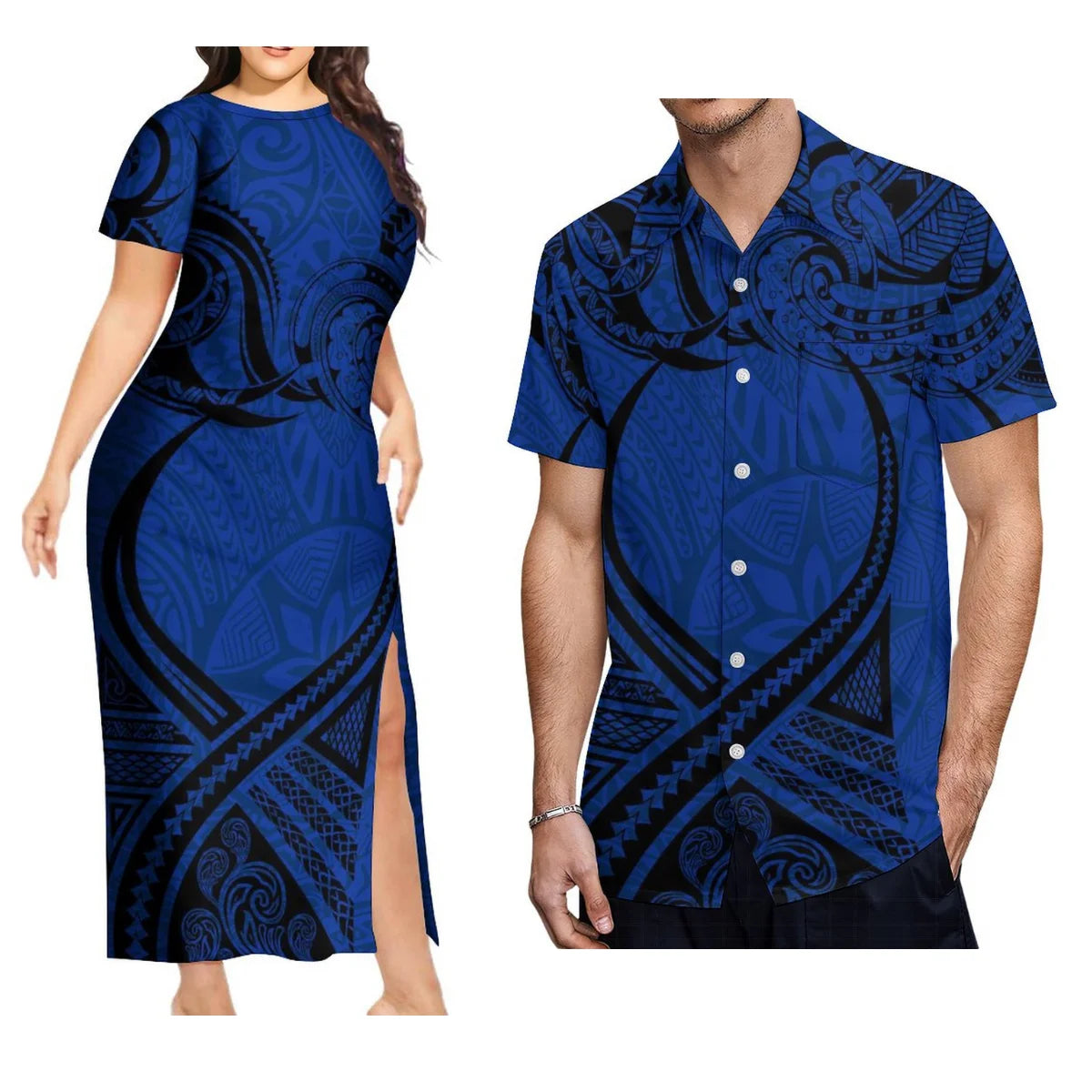 Support Custom Samoan National Dress Women'S Crew-Neck Maxi Dress Fashion Slit Dress With Men'S Short-Sleeved Shirt 9xl