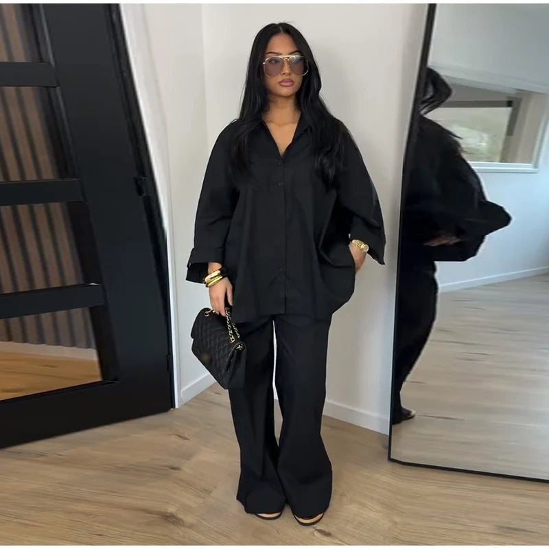 Lapel Short Sleeve Pocket Solid Color Shirt Pants Set Loose Fit Straight Leg Trouser 2026 Spring Casual Women Daily Outfit