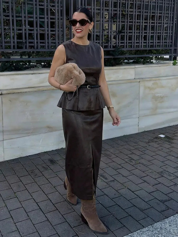 HH Women Elegant Fashion Faux Leather Vest Skirts Suits O Neck Belt Tops Slit Midi Skirt Casual Office Lady Chic 2 Piece Set