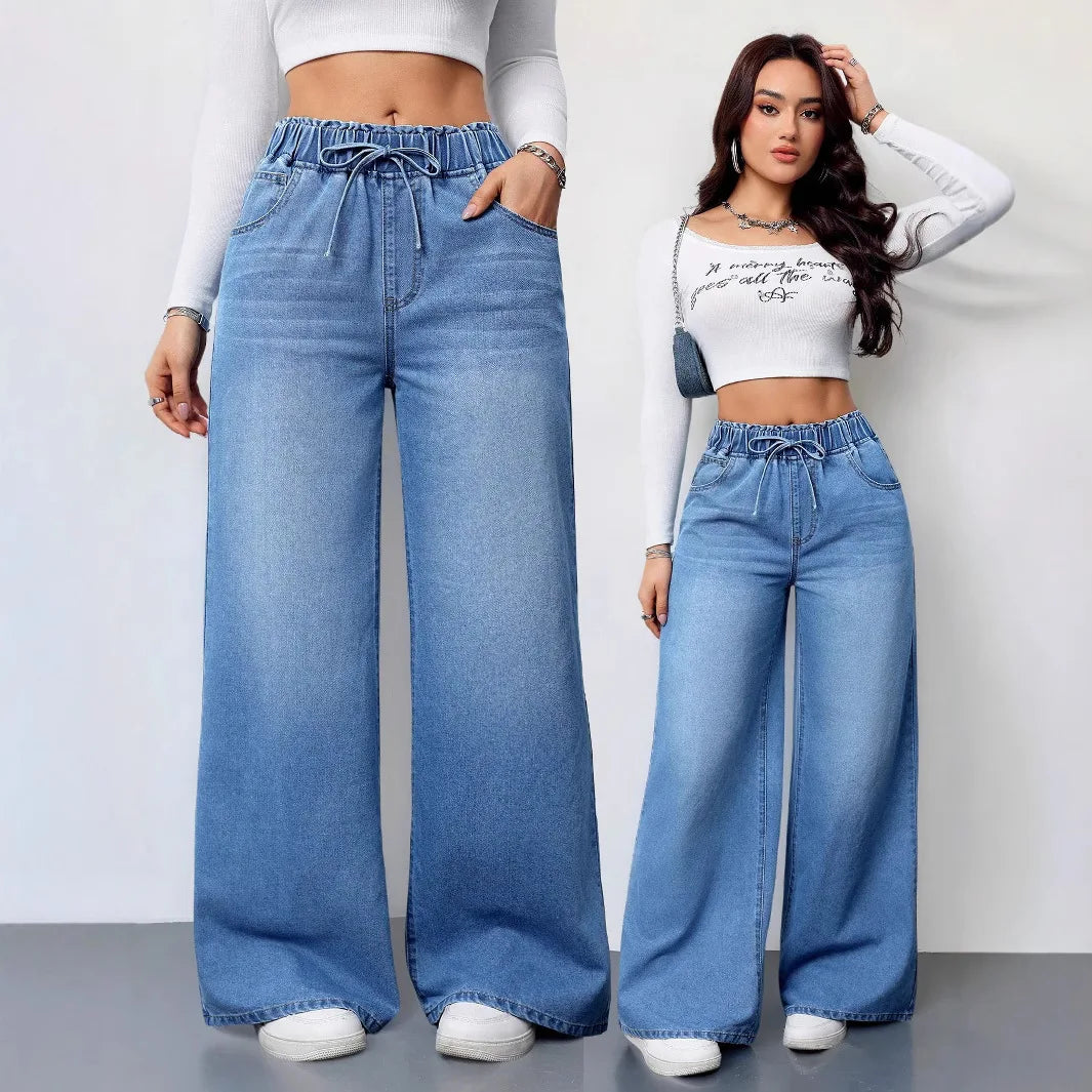 Light Blue Women's Denim Jean Pants High Waist Straight Leg Wide Leg Trousers Summer Casual Loose Fit Jeans