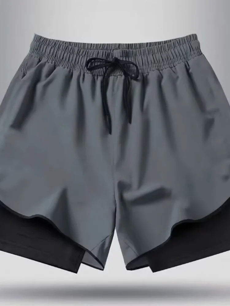 2025 Summer New Men Running Breathable Training Double layer Sports Shorts Elastic Quick drying Fitness Fashion Beach Pants
