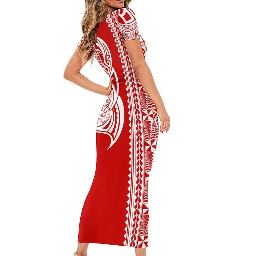 Support Custom Samoan National Dress Women'S Crew-Neck Maxi Dress Fashion Slit Dress With Men'S Short-Sleeved Shirt 9xl