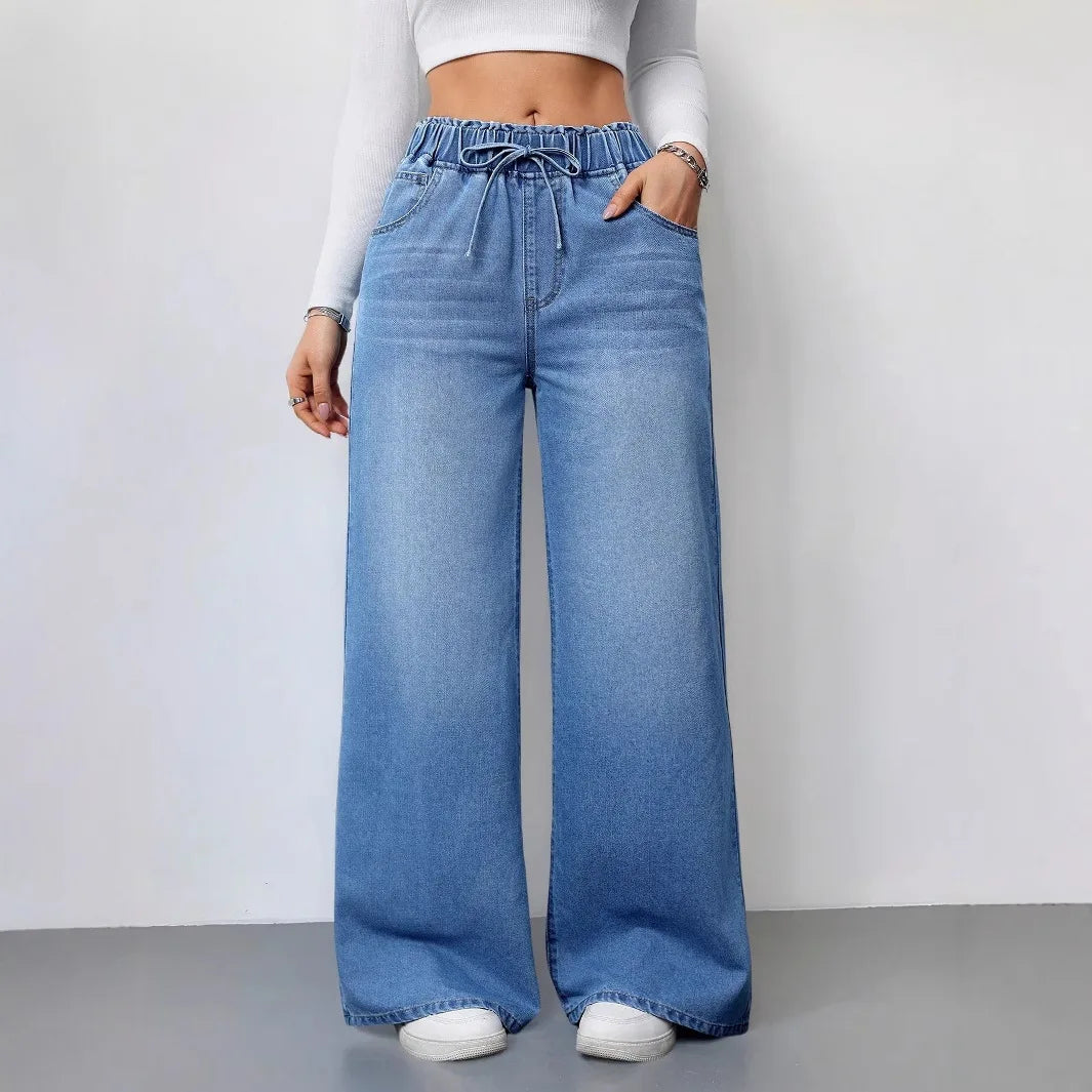 Wide Leg Pants Jeans Women Washed Denims Elastic Waist Lace Up Distressed Vintage Streetwear Female Full Length Loose Trousers