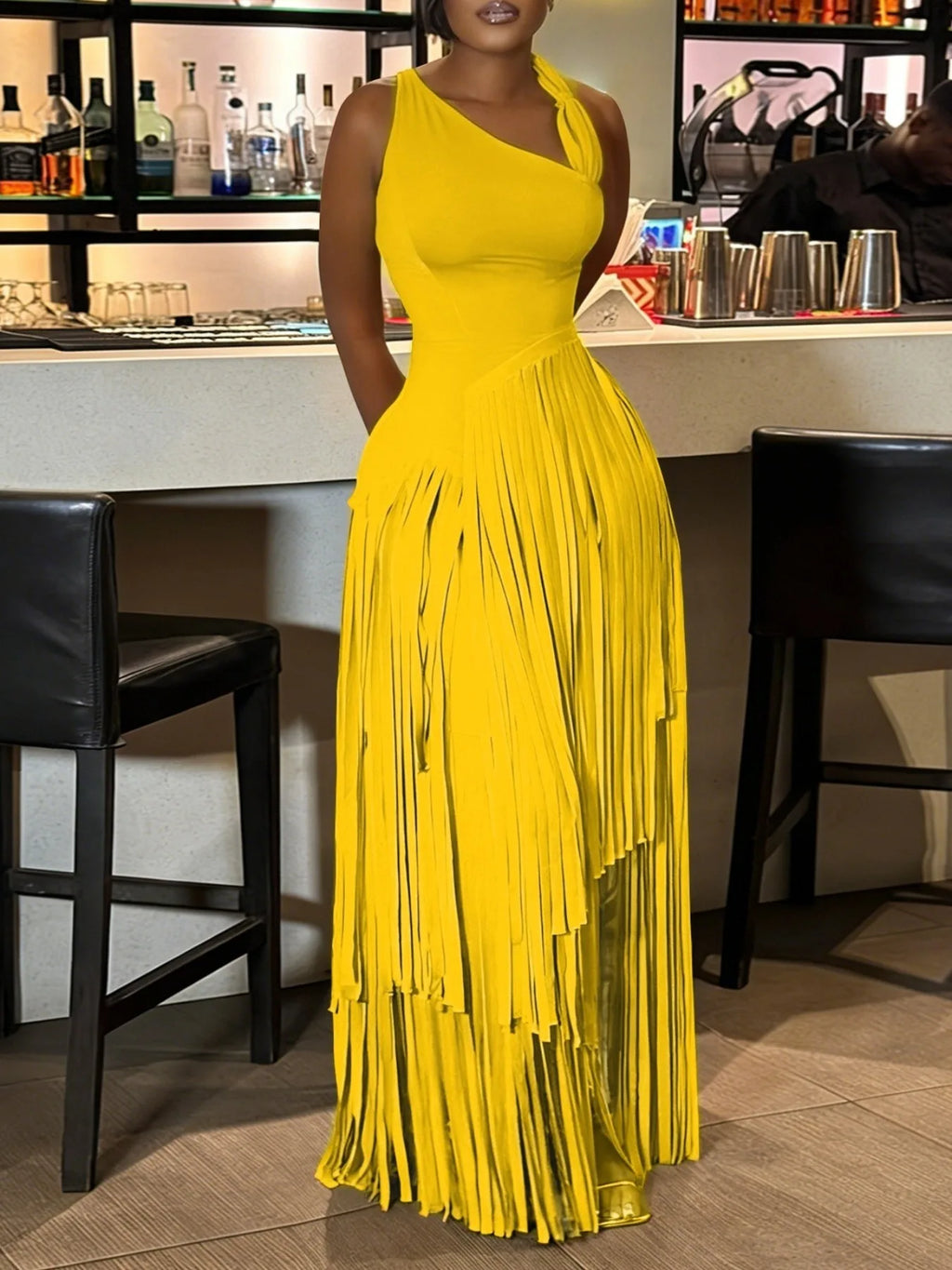 Women's Summer Sexy Aura Fashion Design Solid Color Tassel Dress Skirt Bodycon Maxi Dress