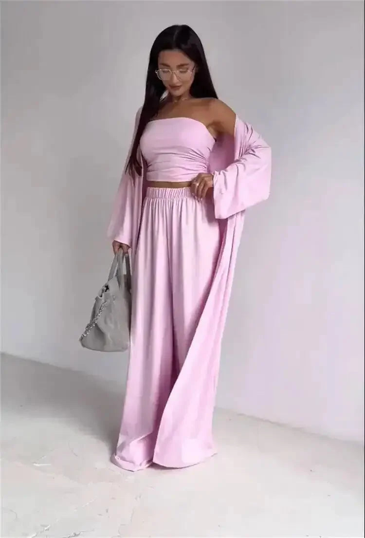 Summer Women's Clothing Casual 3Pcs Strapless Vest Long Cardigan Wide-Leg Pants Suit Lady Elegant Office Wear Outfits for Female