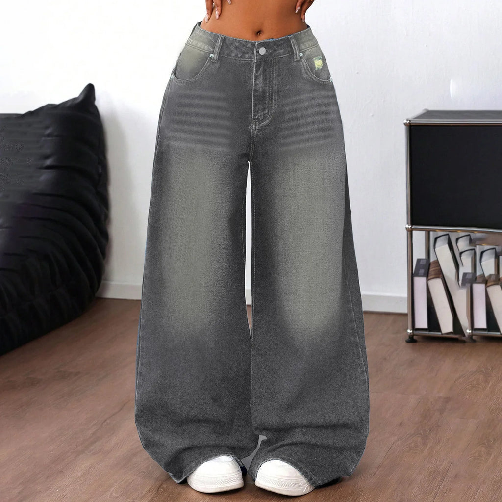Grey Washed Loose Women's Long Floor-Length Wide Leg Jeans Casual Straight Cut Trousers Comfortable Cotton Denim Jeans