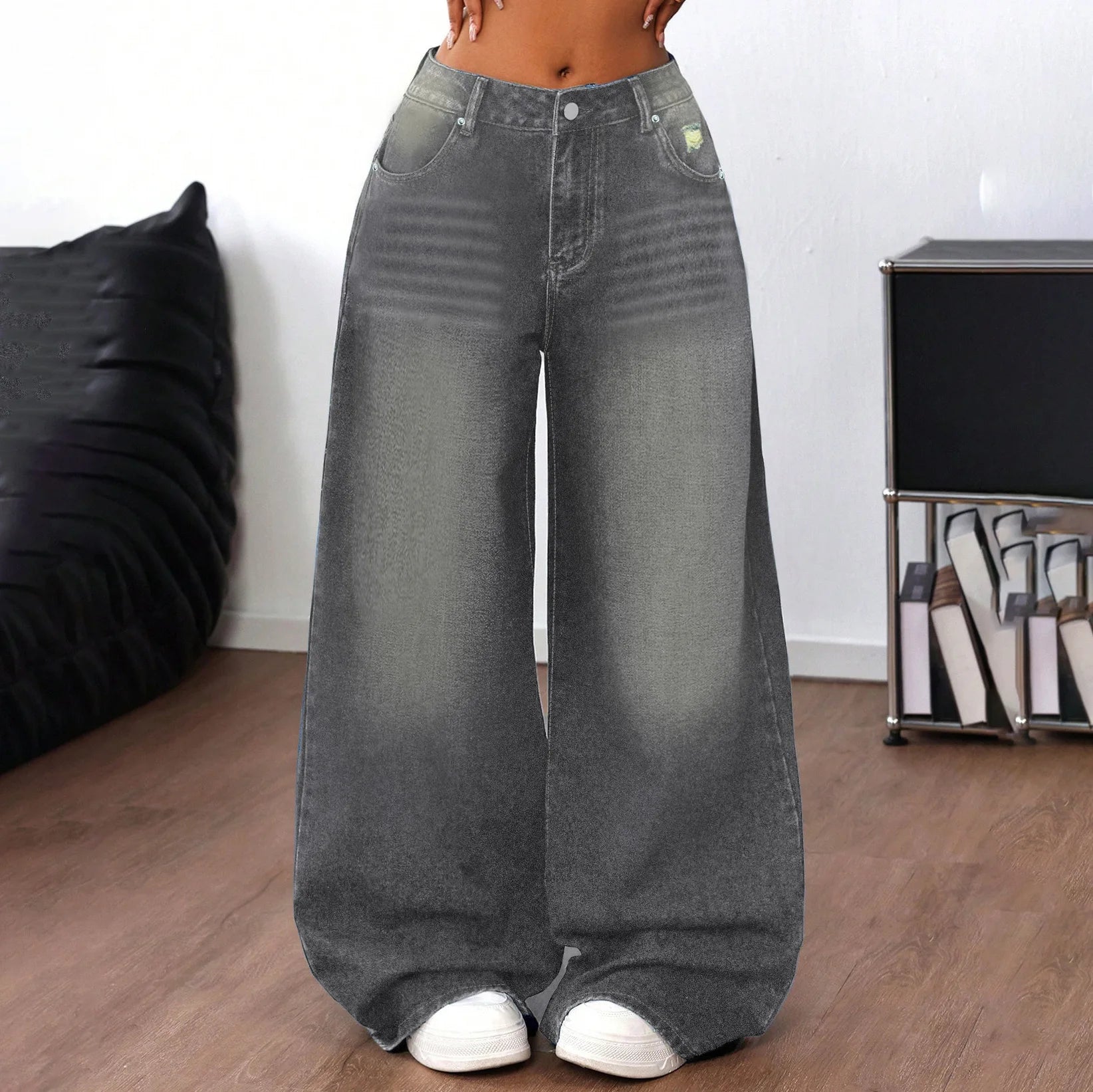 Grey Washed Loose Women's Long Floor-Length Wide Leg Jeans Casual Straight Cut Trousers Comfortable Cotton Denim Jeans