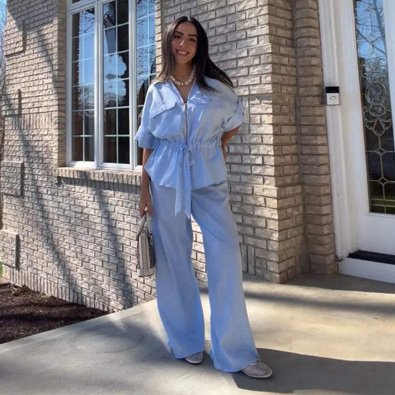 Lapel Short Sleeve Pocket Solid Color Shirt Pants Set Loose Fit Straight Leg Trouser 2026 Spring Casual Women Daily Outfit