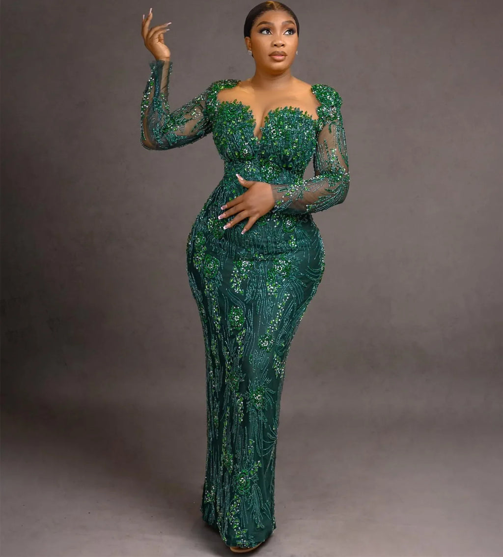 Aso Ebi Dark Green Mermaid Prom Dress Crystals Beaded Lace Evening Formal Party Second Reception 50th Birthday Engagement Gowns