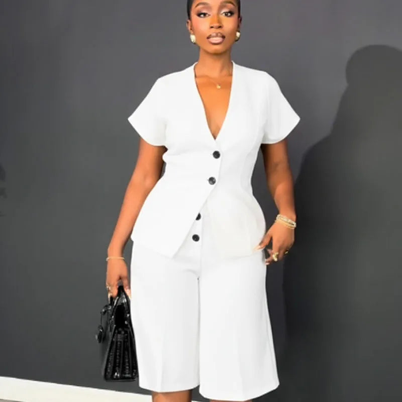 Doyerl Elegant Fashion Two Piece Set Woman Work Wear Office Lady Short Sleeve V-neck Top and Knee Length Shorts Matching Sets