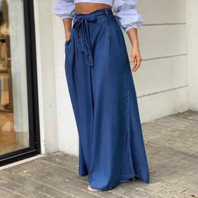 Women Denim Long Loose Wide Leg Pants High Waist Full Length Solid Color Trousers Jeans