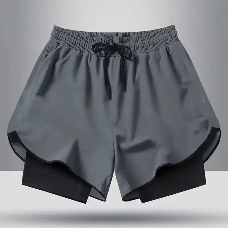 2025 Summer New Men Running Breathable Training Double layer Sports Shorts Elastic Quick drying Fitness Fashion Beach Pants