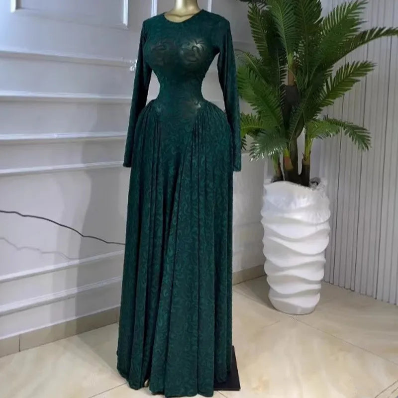 New Fashion Mesh Printed Full Sleeve Long Dress Sexy Patchwork Slim Wasit Big Swing A-line Shape Maxi Dress