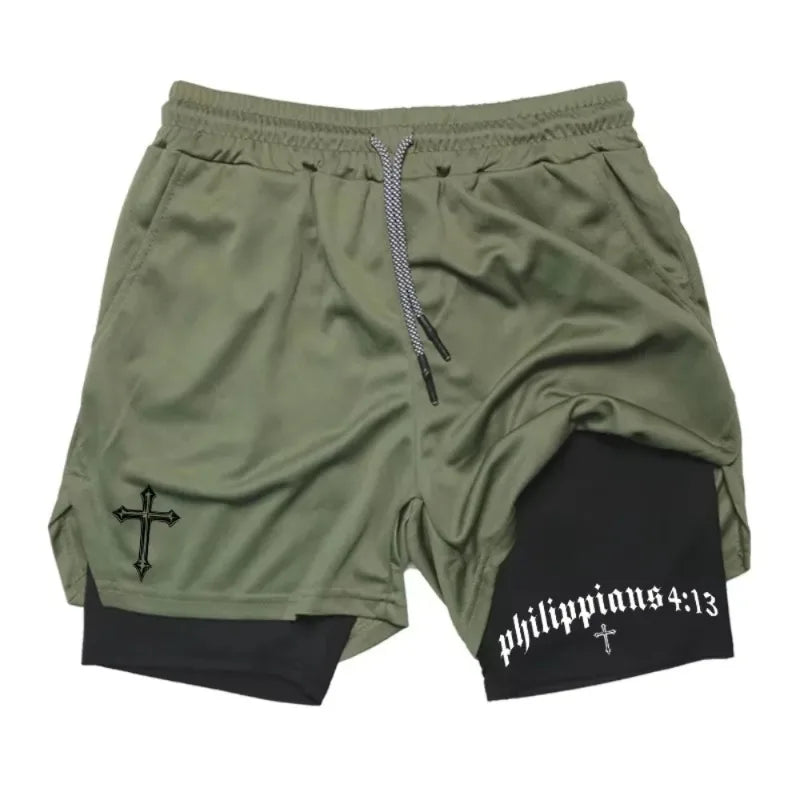 Latest Cross Bible Graphic 2-in-1 Athletic Shorts Men Fitness Christian Gym Workout Running with Cell Phone Pocket Towel Shorts