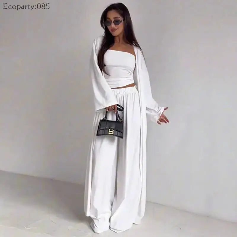 Summer Women's Clothing Casual 3Pcs Strapless Vest Long Cardigan Wide-Leg Pants Suit Lady Elegant Office Wear Outfits for Female