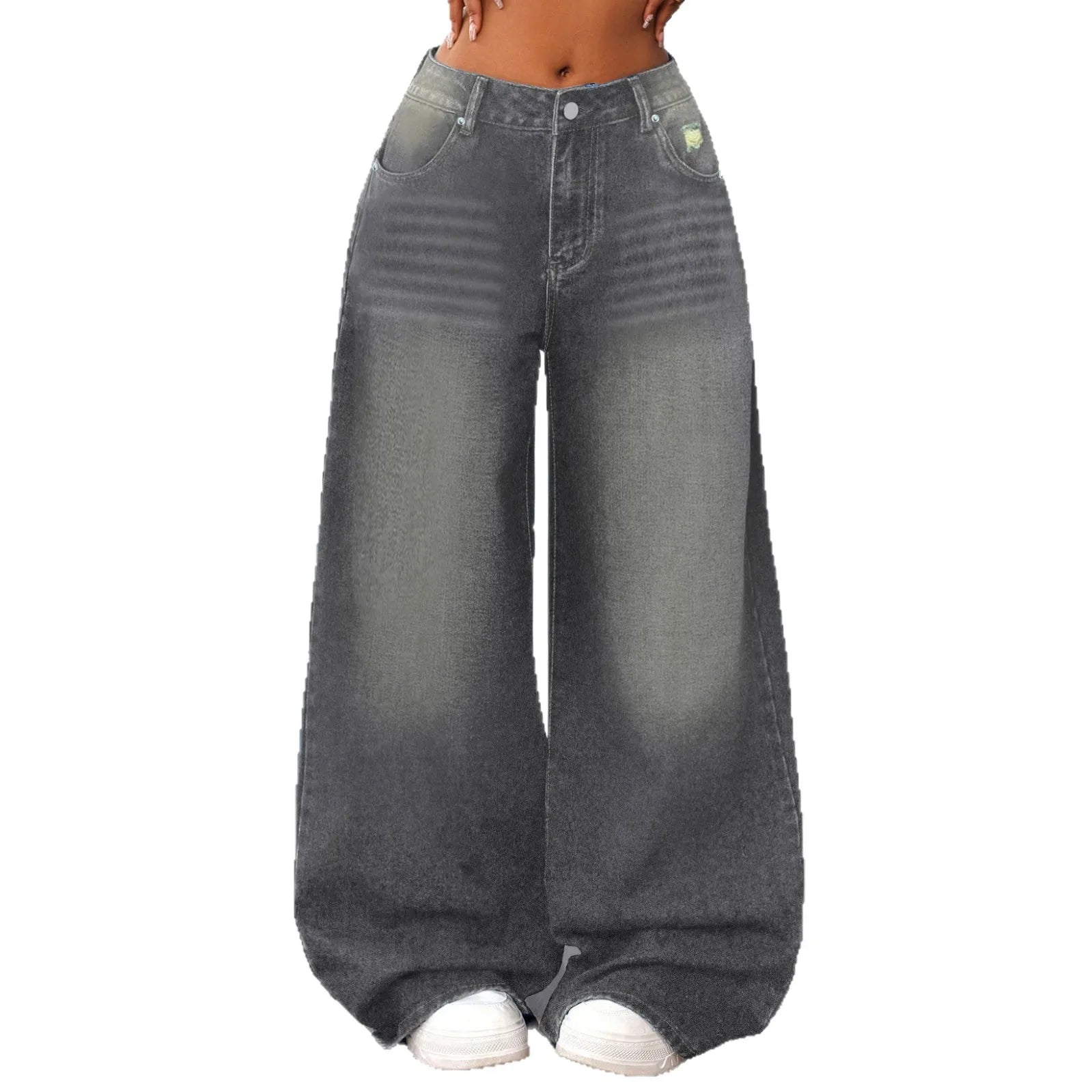 Grey Washed Loose Women's Long Floor-Length Wide Leg Jeans Casual Straight Cut Trousers Comfortable Cotton Denim Jeans