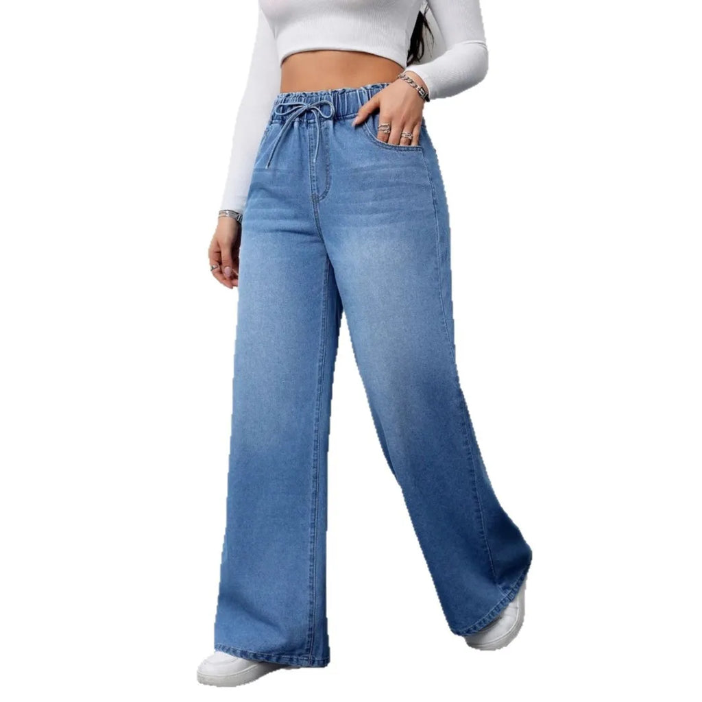Retro Heavyweight Light Blue Denim High Waist Loose Straight Elastic Waist Wide Leg Pants Women Summer Design Sense Jeans