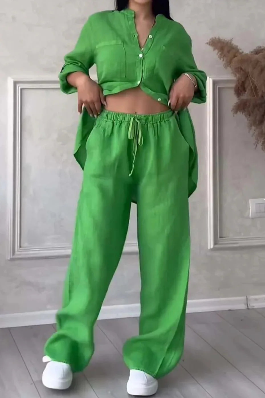 2 pieces women sets 2026 new solid color single-breasted long-sleeved shirt+wide-leg pants lace-up suits women's clothing