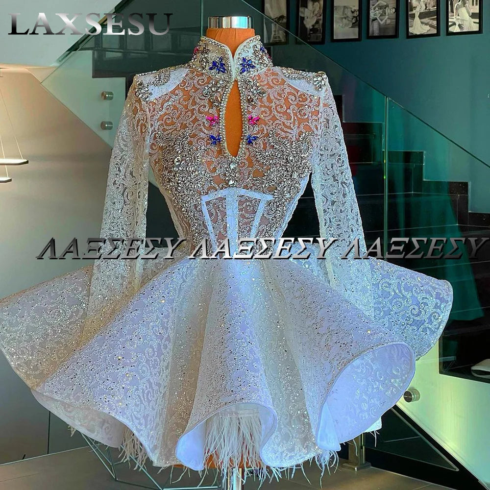 Customized Mini Party Cocktail Gowns Long Sleeves Feathers Lace Sequins Crystals Sparkly Ball Gown Luxury Short Prom Dresses