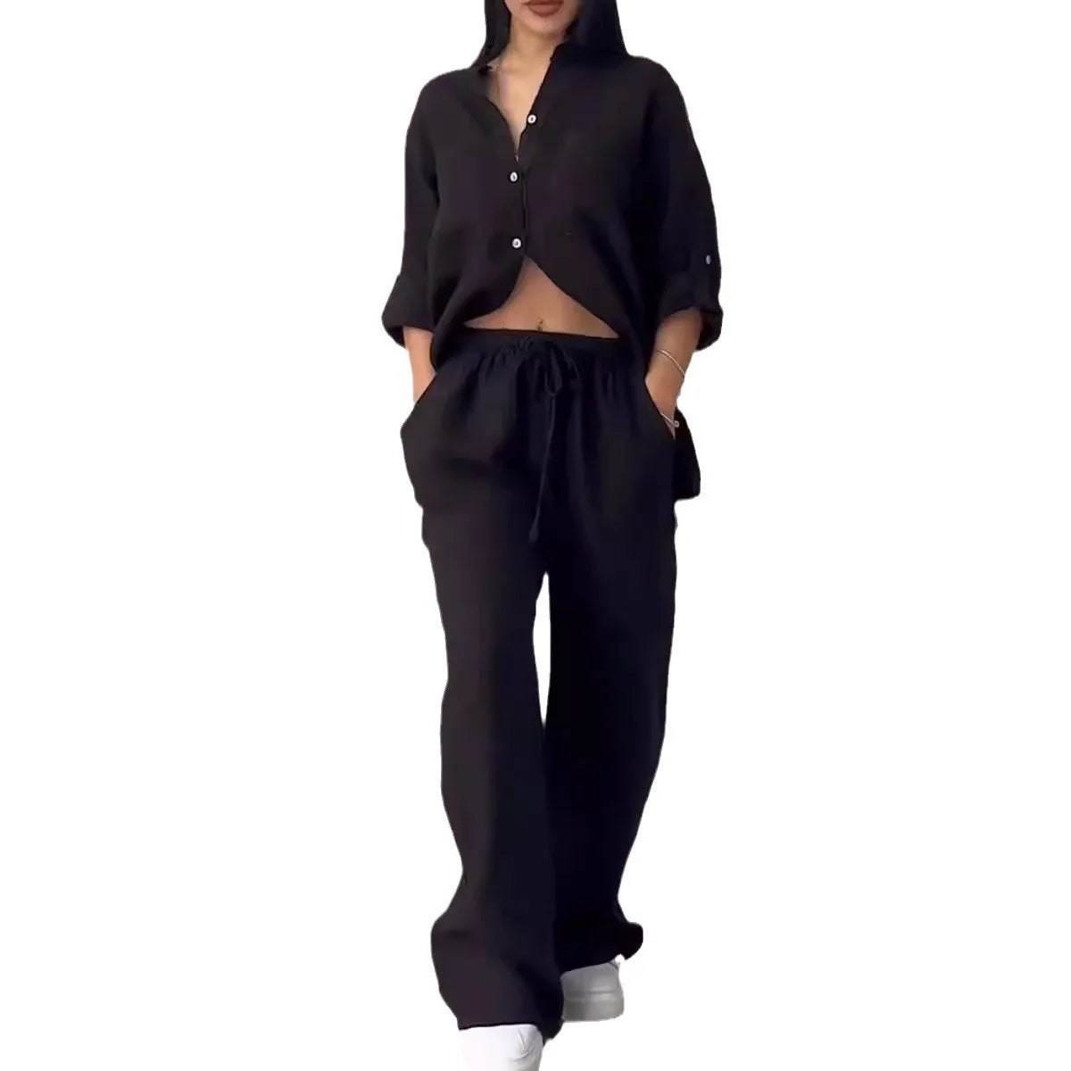 2 pieces women sets 2026 new solid color single-breasted long-sleeved shirt+wide-leg pants lace-up suits women's clothing