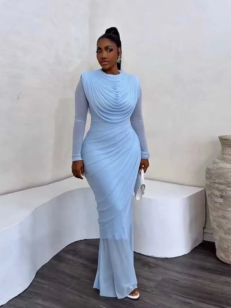 Chic and Elegant Women's Evening Dress Mesh Draped Collar Long Sleeve Bodycon Mid Dress Slim High Waisted Sexy Ladies Dress