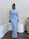 Chic and Elegant Women's Evening Dress Mesh Draped Collar Long Sleeve Bodycon Mid Dress Slim High Waisted Sexy Ladies Dress