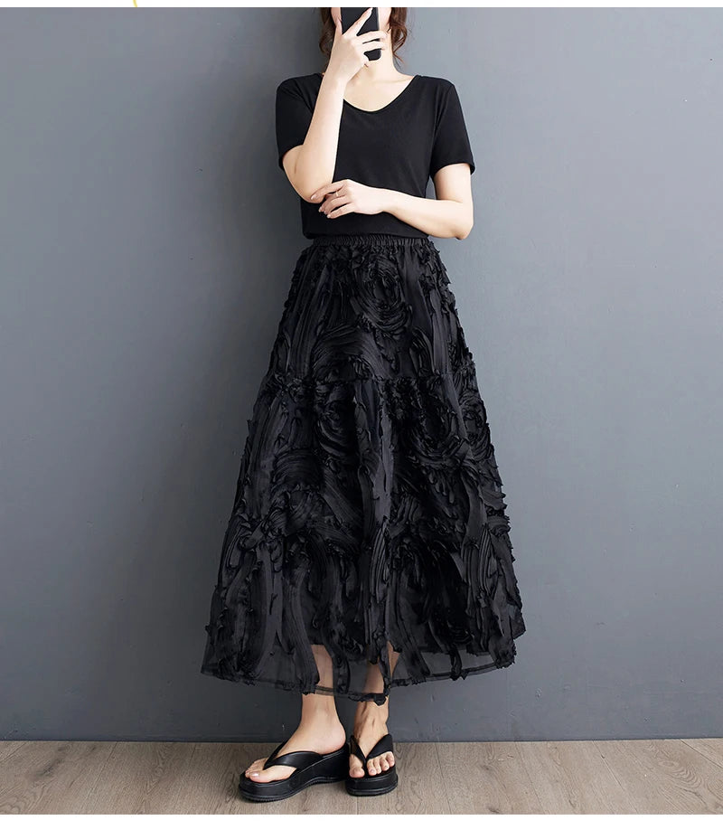 Black Skirt for Women Summer Fashin Heavyweight Chic Design Pleated A-line Easy Match Elastic Waist Dress Female Creative Skirt