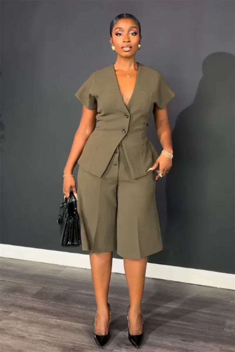 Doyerl Elegant Fashion Two Piece Set Woman Work Wear Office Lady Short Sleeve V-neck Top and Knee Length Shorts Matching Sets