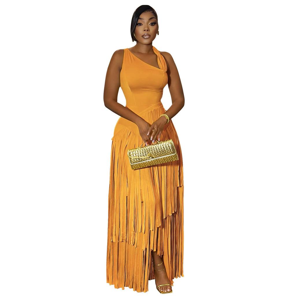 Summer Solid Color Tassel Dress for Women Elegant Slim Fit Women's Dress Fashionable Casual Maxi Dress